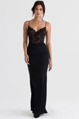 Damen Maxikleid mit Spaghettiträgern und halbtransparentem Spitzenoberteil mit Herzausschnitt – Schwarz