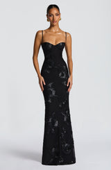 Damen Maxikleid mit Spaghettiträgern und Herzausschnitt mit erhabenen floralen Applikationen – Schwarz