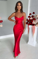 Damen Maxikleid mit Spaghettiträgern und Kreuzträgern am Rücken – Rot
