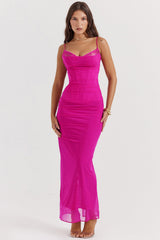 Damen Maxikleid mit Spaghettiträgern und Spitzenbesatz mit gerafftem Oberteil – Roze