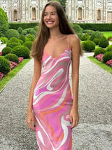 Damen Maxikleid mit Spaghettiträgern und V-Kragen mit Muster – Rosa