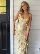Damen Maxikleid mit Spaghettiträgern V-Ausschnitt Volants und offenem Rücken mit Blumenmuster – Gelb