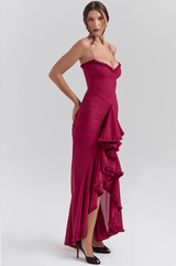 Damen Maxikleid mit Spaghettiträgern und Rüschensaum – Beerenrot