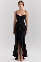 Damen Maxikleid mit Spaghettiträgern und Rüschensaum – Schwarz