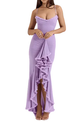 Damen Maxikleid mit Spaghettiträgern und Rüschensaum – Lila