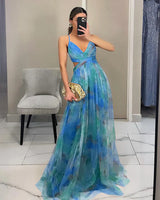 Damen Maxikleid mit Spaghettiträgern, Wickeloberteil und Taillenausschnitt – Blau