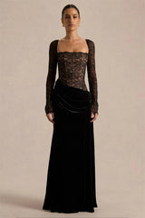 Damen Maxikleid mit Spitzenoberteil und Schlitzrock – schwarz