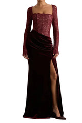 Damen Maxikleid mit Spitzenoberteil und Schlitzrock – Weinrot