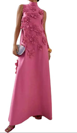 Damen Maxikleid mit Stehkragen und Blumenapplikationen – Rosa