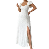 Damen Maxikleid mit Strukturmuster und Frontschlitz – Weiß