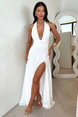Damen Maxikleid mit tiefem Neckholder-V-Ausschnitt und Bindebändern am Rücken mit seitlichem Beinschlitz – Weiß