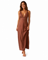 Damen Maxikleid mit Tiefem V-Ausschnitt – Braun