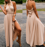 Damen Maxikleid mit überkreuztem Halsteil – Champagner