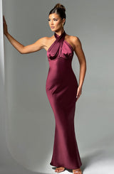 Damen Maxikleid mit Ueberkreuztem Halsneck Ausschnitt und Naht unter der Brust – Weinrot