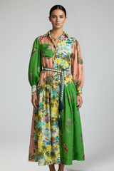 Damen Maxikleid mit V-Ausschnitt, langen Ärmeln und Taillenbindung – Dunkelgrün
