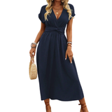 Damen Maxikleid mit V-Ausschnitt und Flügelärmeln – Marineblau