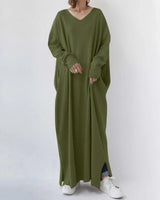 Damen Maxikleid mit V-Ausschnitt und langen Ärmeln – Dunkelgrün