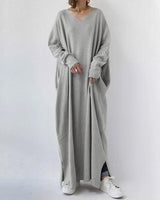 Damen Maxikleid mit V-Ausschnitt und langen Ärmeln – Grau