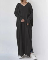 Damen Maxikleid mit V-Ausschnitt und langen Ärmeln – Schwarz