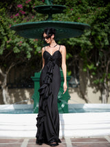 Damen Maxikleid mit V-Ausschnitt und Spaghettiträgern mit Rosette und Rüschenbesatz – Schwarz