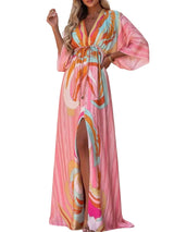 Damen Maxikleid mit V-Ausschnitt und Taillenzug – Magenta