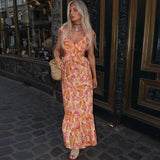 Damen Maxikleid mit V-Ausschnitt und Volantträgern mit seitlichen Ausschnitten und Blumenmuster – Orange