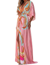 Damen Maxikleid mit V-Ausschnitt, weiten Ärmeln und Taillenband – Rosa