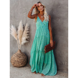 Damen Maxikleid mit V-Hals Spaghettiträgern und Gestuftem Rock – Grün