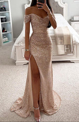 Damen Maxikleid schulterfrei mit Herzausschnitt Paillettenoberfläche und hohem Seitenschlitz – Champagnerfarben