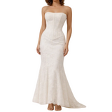 Damen Maxikleid trägerlos mit strukturiertem Oberteil und ausgestelltem Saum – Weiß