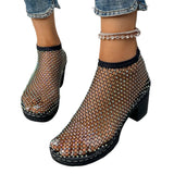 Damen Mesh-Ankelschuhe mit Strassdetails und Blockabsatz – Schwarz