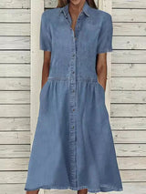 Damen Midi Jeanskleid mit Kentkragen und Knopfleiste – Blau
