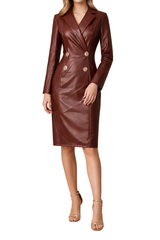 Damen Midi Kleid im Blazer-Stil mit langen Ärmeln und Doppelknopfleiste – Weinrot