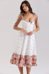 Damen Midi Kleid mit Herzausschnitt Bindeträgern und Blumenmuster – Weiß
