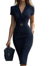 Damen Midi Kleid mit kurzen Ärmeln, Kragen, V-Ausschnitt und Gürtel – Marineblau
