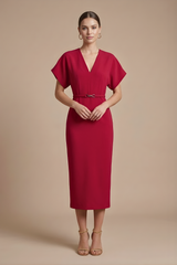 Damen Midi Kleid mit kurzen Ärmeln, V-Ausschnitt und Gürtel – Rot