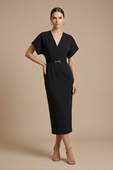 Damen Midi Kleid mit kurzen Ärmeln, V-Ausschnitt und Gürtel – Schwarz
