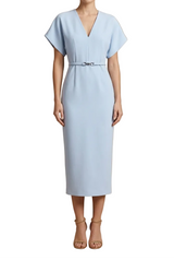 Damen Midi Kleid mit kurzen Ärmeln, V-Ausschnitt und Gürtel – Hellblau