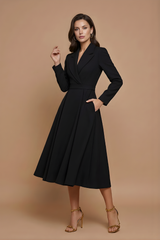 Damen Midi Kleid mit langen Ärmeln, Wickeloptik und Gürtel – Schwarz