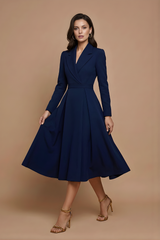 Damen Midi Kleid mit langen Ärmeln, Wickeloptik und Gürtel – Marineblau