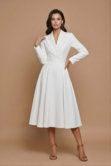 Damen Midi Kleid mit langen Ärmeln, Wickeloptik und Gürtel – Weiß