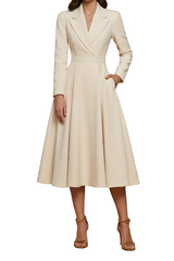 Damen Midi Kleid mit langen Ärmeln, Wickeloptik und Gürtel – Beige