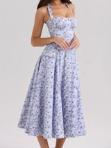 Damen Midi Kleid mit Neckholder Trägern Schleifenbindung A Linien Rock und Blumenmuster – Blau