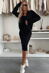 Damen Midikleid mit passender Jacke für den Alltag – Schwarz