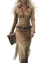 Damen Midi Kleid mit Reißverschluss und Fransen – Braun