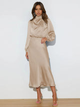 Damen Midi-Kleid mit Rollkragen und Ballonärmeln mit elastischem Bund – Beige