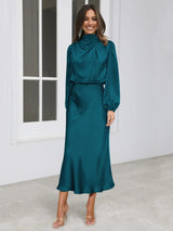 Damen Midi-Kleid mit Rollkragen und Ballonärmeln mit elastischem Bund – Blaugrün