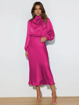 Damen Midi-Kleid mit Rollkragen und Ballonärmeln mit elastischem Bund – Pink