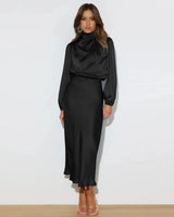 Damen Midi-Kleid mit Rollkragen und Ballonärmeln mit elastischem Bund – Schwarz