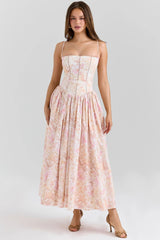 Damen Midi-Kleid mit Spaghettiträgern und Korsett-Nähten am Oberteil – Rosa mit großen Blumen